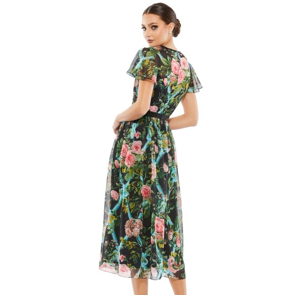 Mac Duggal NWT Floral Print Chiffon Midi Dress Flutter Sleeve Size 12 FLAW - Picture 3 of 15